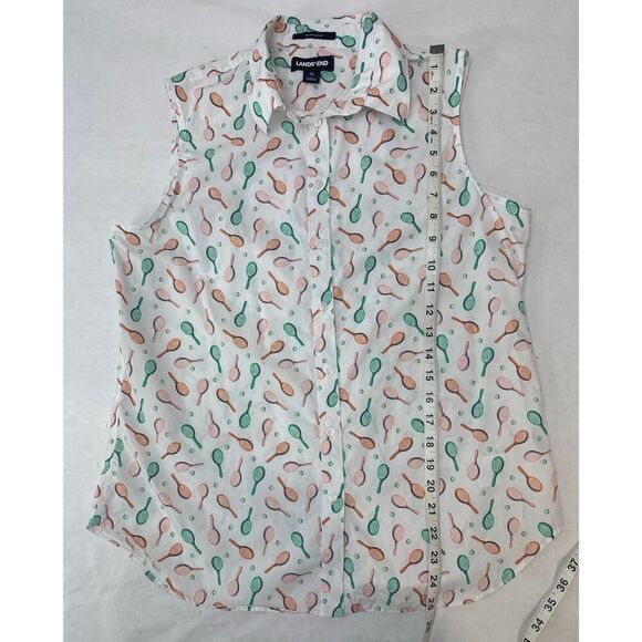 Tennis Racket Print Land’s End Sleeveless Button Shirt Supima Cotton - Size 12 - Picture 4 of 7